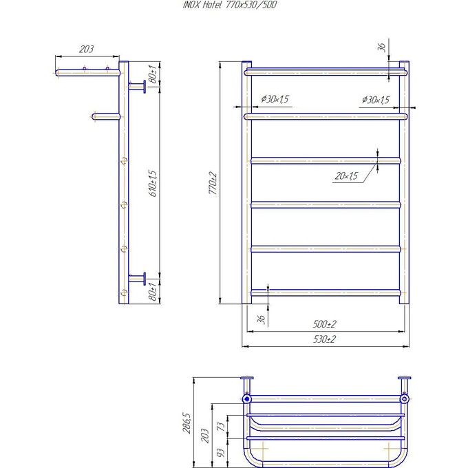 Водяной полотенцесушитель Mario Inox Готель 1.8.044541.P (530x770, с полкой), Доступные размеры: 530 x 770, фото 4