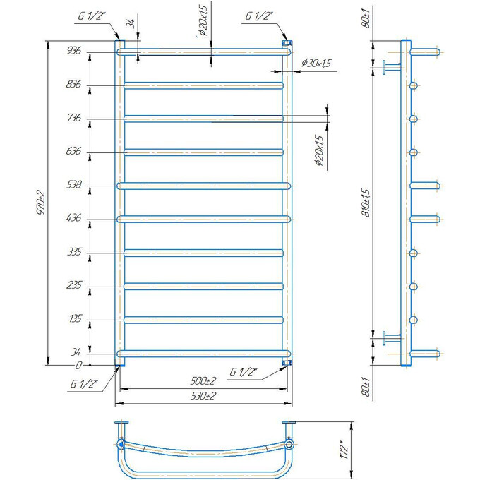 Водяной полотенцесушитель Mario Inox Люкс 1.074.044580.0 (530x970, белый глянец/белый матовый/бронза/графит/золото/черный матовый/хром), Доступные размеры: 530 x 970, фото 4