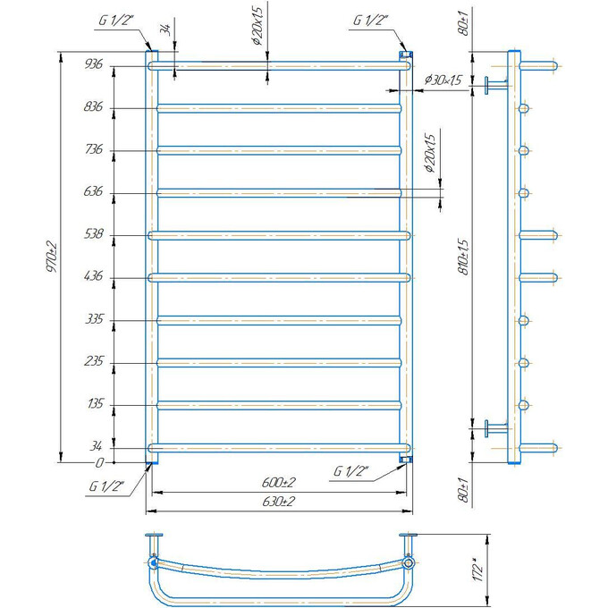 Водяной полотенцесушитель Mario Inox Люкс 1.074.044581.0 (630x970, белый глянец/белый матовый/бронза/графит/золото/черный матовый/хром), Доступные размеры: 630 x 970, фото 4