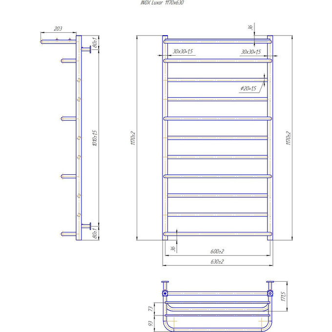Водяной полотенцесушитель Mario Inox Люксор 1.7.044588.P (630x1170, белый глянец/белый матовый/бронза/графит/золото/черный матовый/хром, с полкой), Доступные размеры: 630 x 1170, фото 4