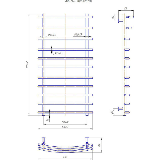 Водяной полотенцесушитель Mario Inox Марио 1.8.044592.P (630x1170, белый глянец/белый матовый/бронза/графит/золото/черный матовый/хром), Доступные размеры: 630 x 1170, фото 4