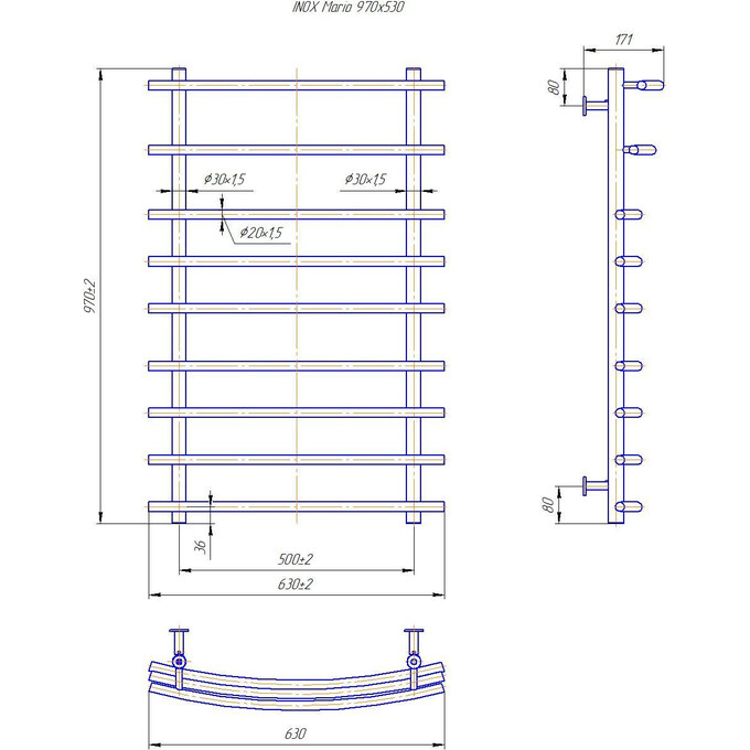 Водяной полотенцесушитель Mario Inox Марио 1.8.044591.P (630x970, белый глянец/белый матовый/бронза/графит/золото/черный матовый/хром), Доступные размеры: 630 x 970, фото 4