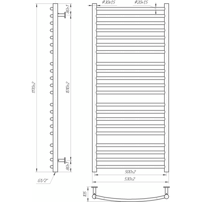 Водяной полотенцесушитель Mario Inox Феникс 1.6.044625.P (530x1170, белый глянец/белый матовый/бронза/графит/золото/черный матовый/хром), Доступные размеры: 530 x 1170, фото 7