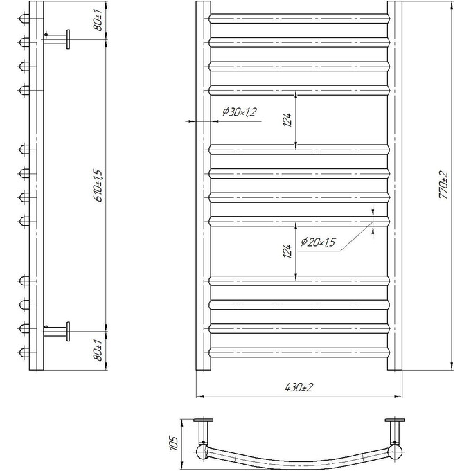 Водяной полотенцесушитель Mario Inox Феникс 1.6.044624.P (430x770, белый глянец/белый матовый/бронза/графит/золото/черный матовый/хром), Доступные размеры: 430 x 770, фото 7