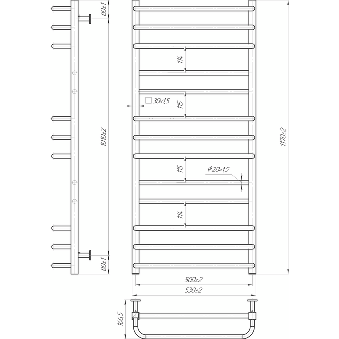 Водяной полотенцесушитель Mario Inox Премиум Люкс 1.7.044601.P (540x1170, белый глянец/белый матовый/бронза/графит/золото/черный матовый/хром), Доступные размеры: 540 x 1170, Подключение полотенцесушителя: нижнее, фото 3