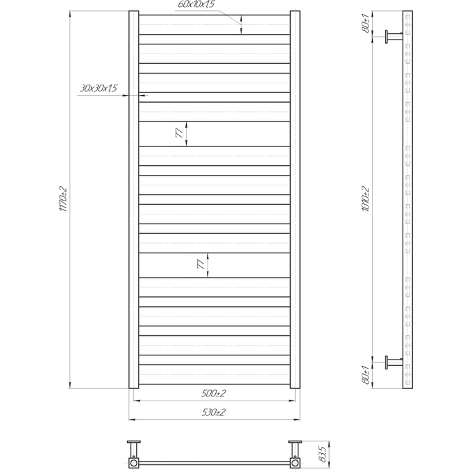 Водяной полотенцесушитель Mario Inox Санти 1.7.044606.P (530x1170, белый глянец/белый матовый/бронза/графит/золото/черный матовый/хром), Доступные размеры: 530 x 1170, фото 5