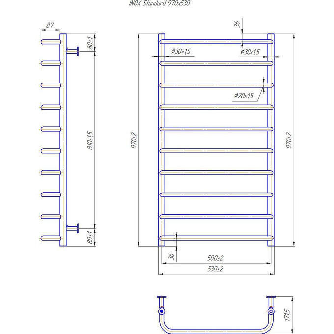 Водяной полотенцесушитель Mario Inox Стандарт 1.8.044611.P (530x970, белый глянец/белый матовый/бронза/графит/золото/черный матовый/хром), Доступные размеры: 530 x 970, фото 4