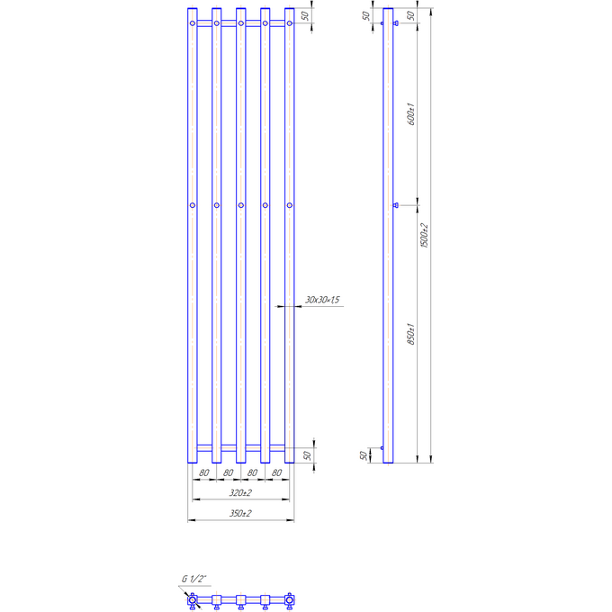 Водяной полотенцесушитель Mario Inox Туб Куб 1.7.049984.P (350x1500, белый глянец/белый матовый/бронза/графит/золото/черный матовый/хром), фото 3