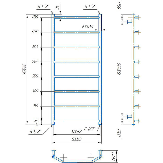 Водяной полотенцесушитель Mario Inox Трапеция 1.8.044620.P (530x1170, белый глянец/белый матовый/бронза/графит/золото/черный матовый/хром), Доступные размеры: 530 x 1170, фото 4