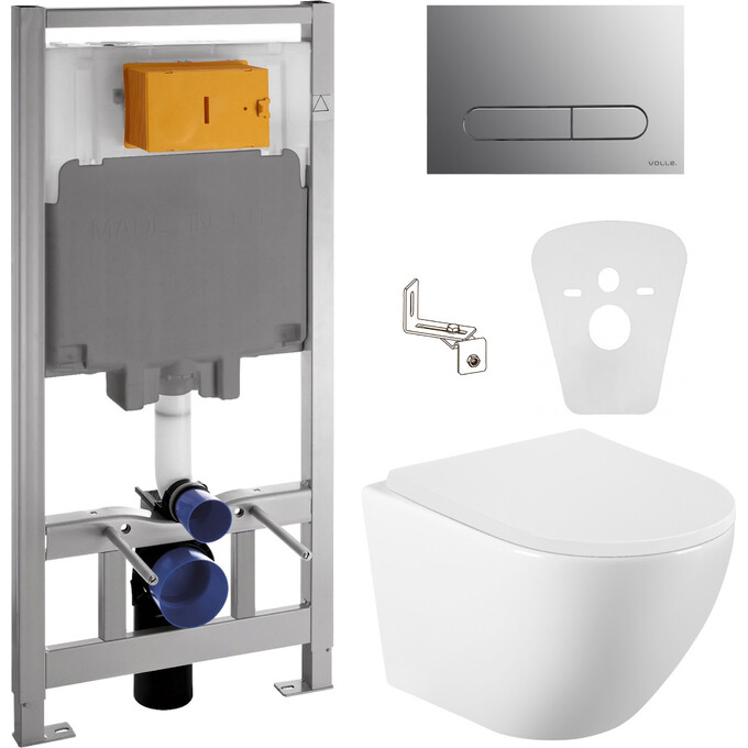 Комплект унитаз с инсталляцией 4 в 1 : подвесной унитаз с сиденьем Volle Amadeus 2.0 Vortice 1313.001000 + инсталляция Volle Master 141515 + клавиша хром + c звукоизоляционной прокладкой + с креплением к стене, Цвет производителя: хром, фото 