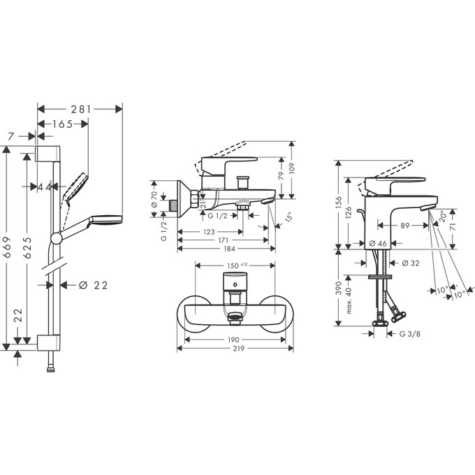 Комплект змішувачів 3 в 1 для ванної кімнати Hansgrohe Vernis Blend 70 (71550000+71550000+71440000+26533400), фото , изображение 2