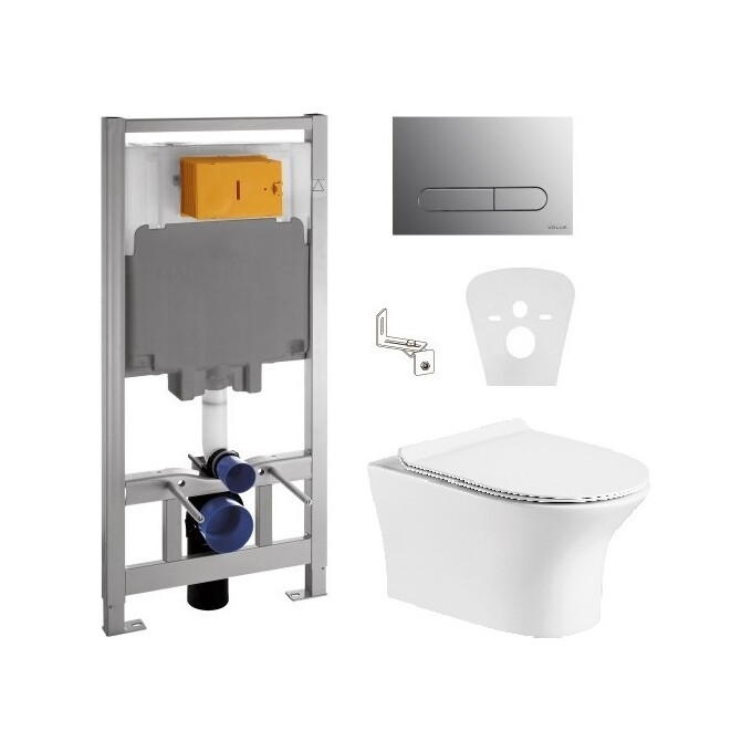 Комплект унитаз с инсталляцией 4 в 1 : подвесной унитаз с сиденьем Volle Cadiz Rimless​ 1339.001000 + инсталляция Volle Master 141515 + клавиша хром + c звукоизоляционной прокладкой + с креплением к стене, фото 