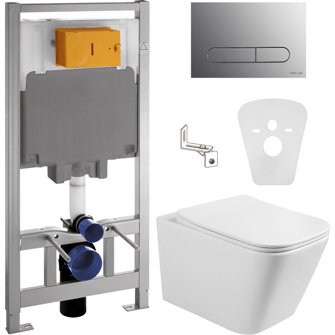 Комплект унитаз с инсталляцией 4 в 1 : подвесной унитаз с сиденьем Volle Libra 2.0 Vortice 1321.001000 + инсталляция Volle Master 141515 + клавиша хром + c звукоизоляционной прокладкой + с креплением к стене, фото 