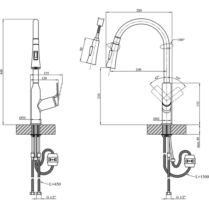 Комплект змішувачів для ванної кімнати та кухні Kroner Graz KRGRP030TGRP010 (GRP030-T+GRP010, графіт), фото , изображение 11