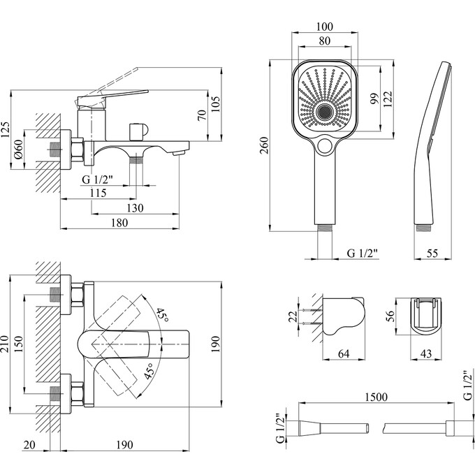 Комплект змішувачів для ванної кімнати та кухні Kroner Makon KRC060C030TC010 (C060+C030-T+C010, хром), Колір виробника: хром, фото , изображение 9