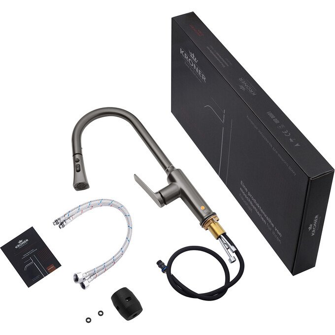 Комплект змішувачів для ванної кімнати та кухні Kroner Makon KRGRP060GRP030TGRP010 (GRP060+GRP030-T+GRP010, графіт), Колір виробника: графіт, фото , изображение 16