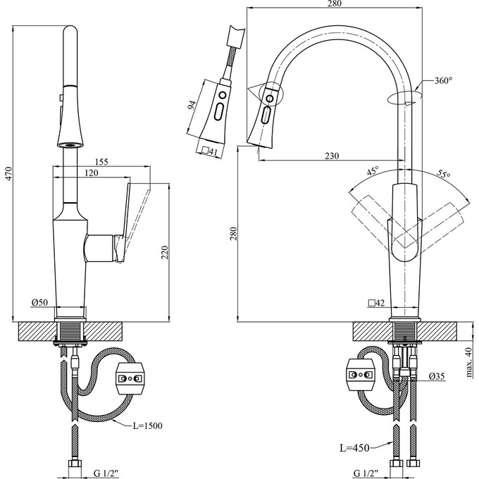Комплект змішувачів для ванної кімнати та кухні Kroner Makon KRC060C030TC010 (C060+C030-T+C010, хром), Колір виробника: хром, фото , изображение 17