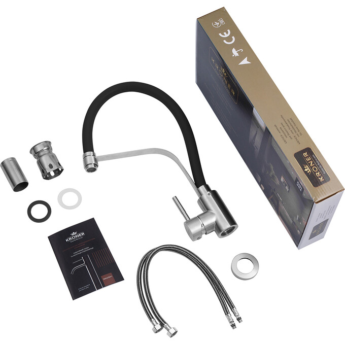 Змішувач для кухні Kroner KRP Edelstahl Klassisch ESG03593BLK (нержавіюча сталь/чорний, з гнучким виливом), Колір виробника: нержавіюча сталь, чорний, фото , изображение 9