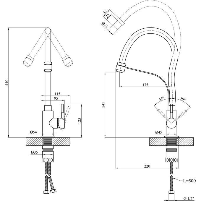 Змішувач для кухні Kroner KRP Edelstahl Klassisch ESG03593BLK (нержавіюча сталь/чорний, з гнучким виливом), Колір виробника: нержавіюча сталь, чорний, фото , изображение 10