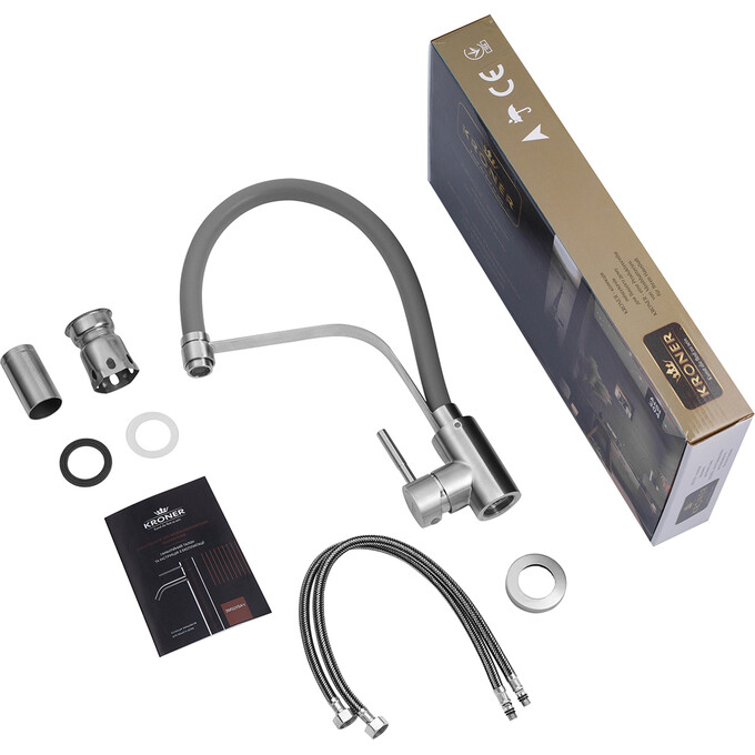 Смеситель для кухни Kroner KRP Edelstahl Klassisch ESG03593GRA (нержавейка/серый, с гибким изливом), Цвет производителя: нержавейка, серый, фото 9