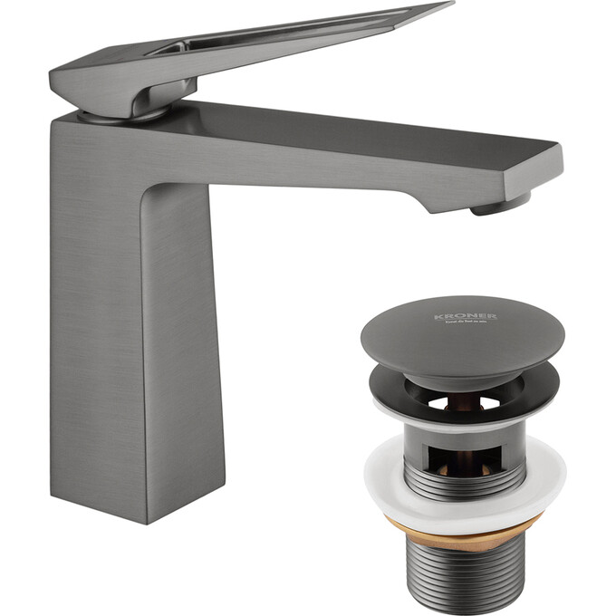 Смеситель для умывальника Kroner KRP Ersel GRP0110BV (графит, с донным клапаном), Цвет производителя: графит, фото 