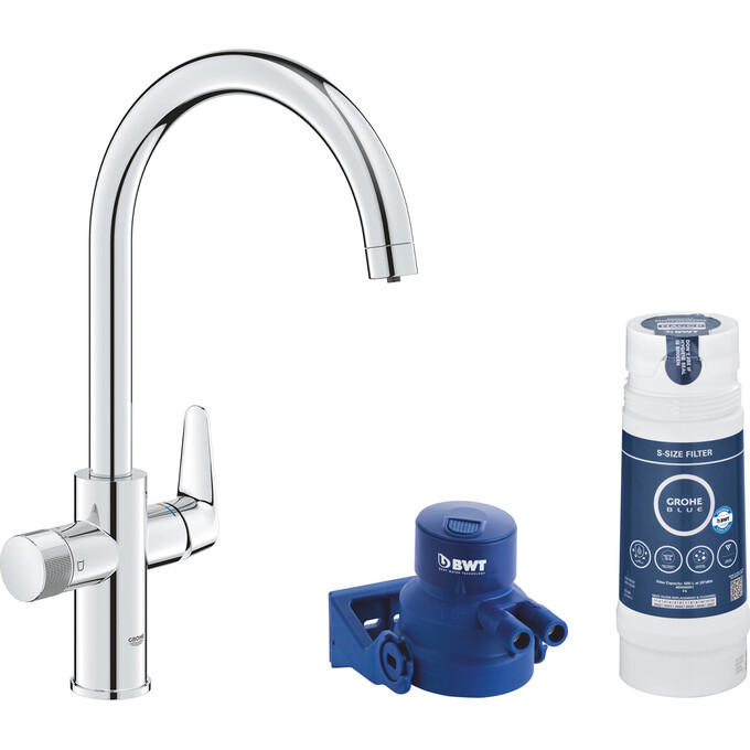 Набор для кухни 3 в 1 Grohe 30594040: смеситель для кухни Blue Pure StartCurve 30592000 + фильтр Blue S-Size 40404001 + головка 64508001, фото 