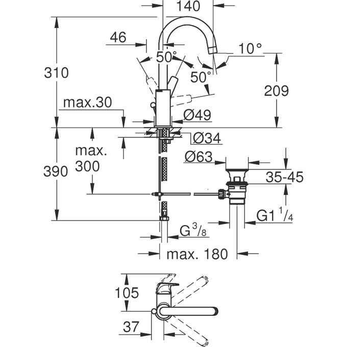 Змішувач для умивальника Grohe Start Flow L-Size 23811000 (з донним клапаном, високий), фото , изображение 2