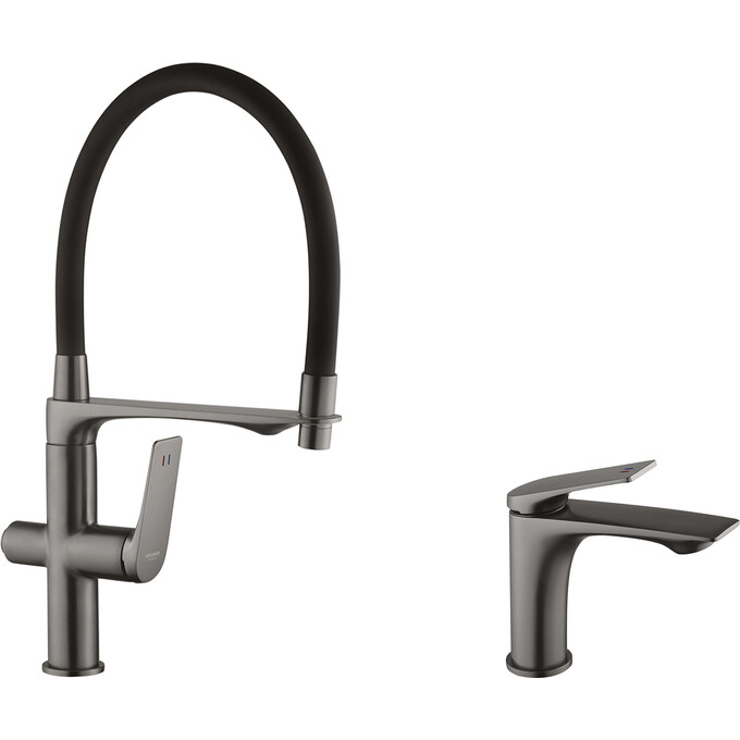 Комплект змішувачів для ванної кімнати та кухні Kroner Graz KRGRP03815GRP010 (GRP03815+GRP010, графіт), фото 
