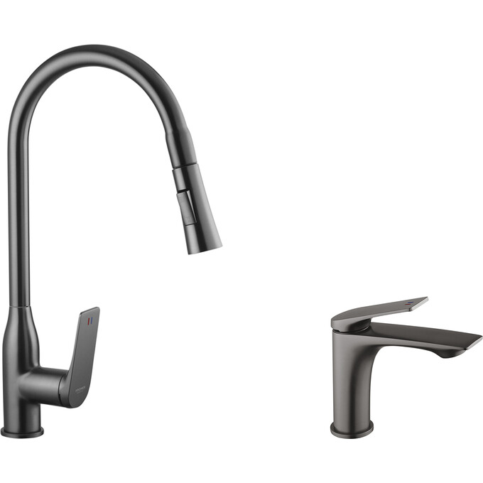 Комплект змішувачів для ванної кімнати та кухні Kroner Graz KRGRP030TGRP010 (GRP030-T+GRP010, графіт), фото 