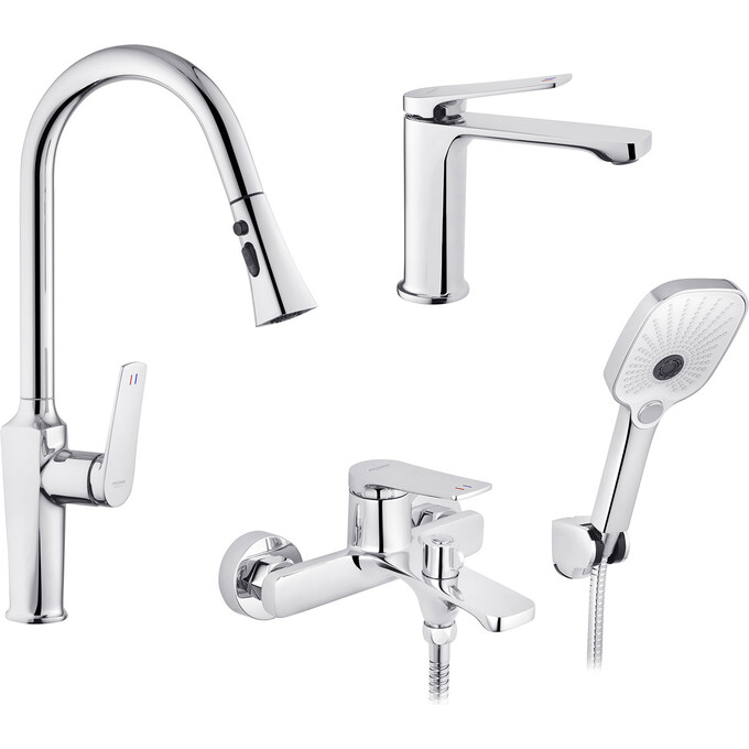 Комплект змішувачів для ванної кімнати та кухні Kroner Makon KRC060C030TC010 (C060+C030-T+C010, хром), Колір виробника: хром, фото 