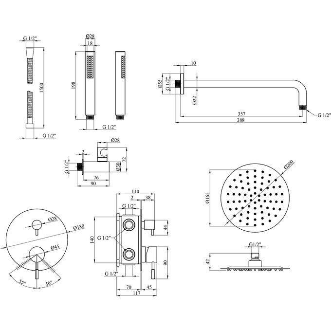 Комплект для ванної кімнати Kroner KRKSCH082SCH010SCH60: душова система Edelstahl Klassisch-SCH082 + змішувач для умивальника Edelstahl Klassisch-SCH010 + трап лінійний Harz SCH60 Sektion Schwarz, фото , изображение 12