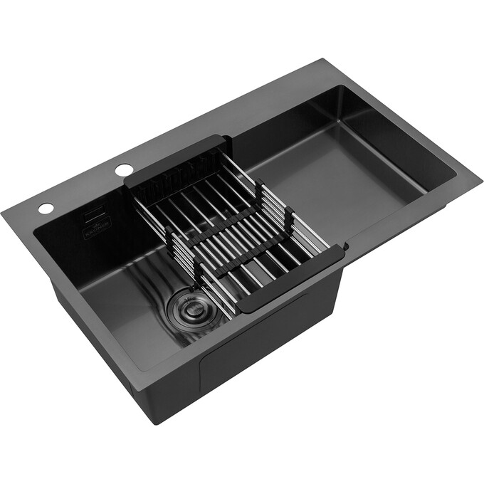 Кухонная мойка со смесителем Kroner KRS7848LHMPVDPVD03817BLKSP026 (78x48 см, 3.0/1.0 мм, с коландером, дозатором и сифоном, правая), фото 5
