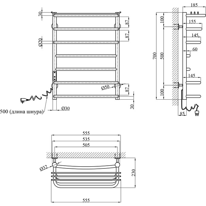 Электрический полотенцесушитель Kroner KRP Stern ST-EL70x50-7 (500x700, левый, сенсорный), Доступные размеры: 500 x 700, Подключение полотенцесушителя: левое, фото 6