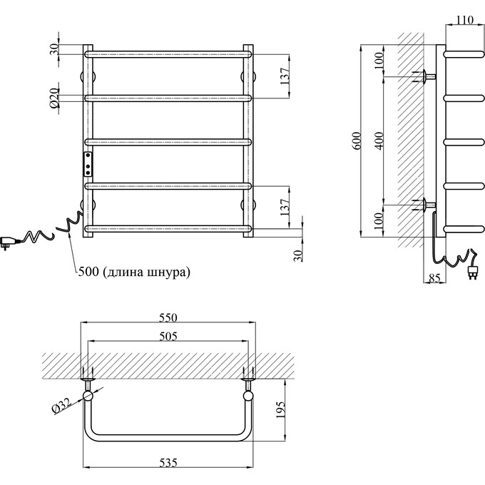Электрический полотенцесушитель Kroner KRP Stil STL-EL60x50-5 (500x600, левый, сенсорный), Доступные размеры: 500 x 600, Подключение полотенцесушителя: левое, фото 6