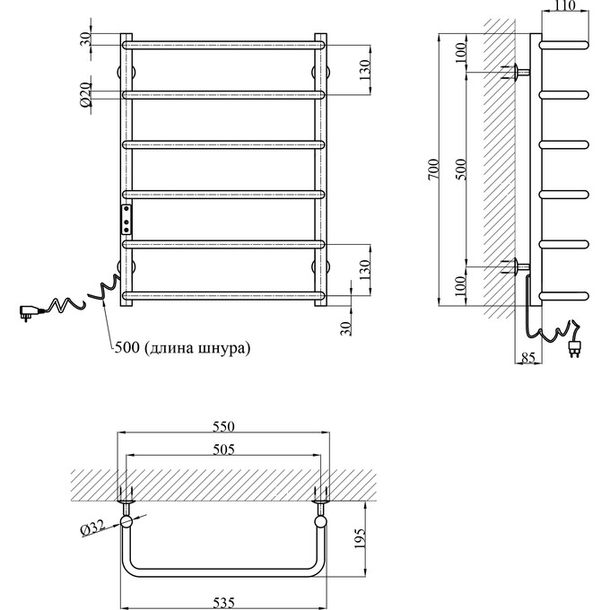 Электрический полотенцесушитель Kroner KRP Stil STL-EL70x50-6 (500x700, левый, сенсорный), Доступные размеры: 500 x 700, Подключение полотенцесушителя: левое, фото 6