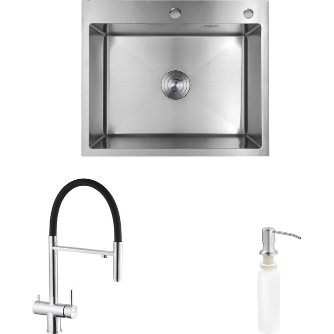 Кухонна мийка зі змішувачем Kroner KRG6050HMESG03815BLKSP016 (60x50 см, 3.0/1.0 мм, з коландером, дозатором та сифоном), фото 
