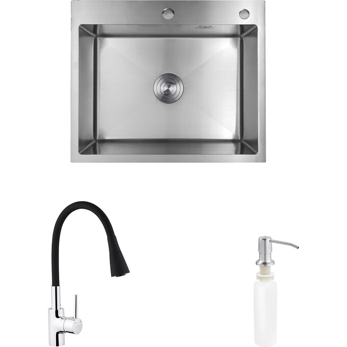 Кухонна мийка зі змішувачем Kroner KRG6050HMC031BLKSP016 (60x50 см, 3.0/1.0 мм, з коландером, дозатором та сифоном), фото 