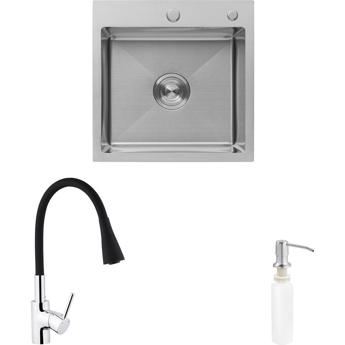 Кухонная мойка со смесителем Kroner KRG5050HMC031BLKSP016 (50x50 см, 3.0/1.0 мм, с коландером, дозатором и сифоном), фото 