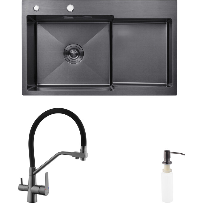 Кухонная мойка со смесителем Kroner KRS7848LHMPVDPVD03817BLKSP026 (78x48 см, 3.0/1.0 мм, с коландером, дозатором и сифоном, правая), фото 