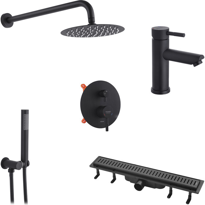 Комплект для ванної кімнати Kroner KRKSCH082SCH010SCH60: душова система Edelstahl Klassisch-SCH082 + змішувач для умивальника Edelstahl Klassisch-SCH010 + трап лінійний Harz SCH60 Sektion Schwarz, фото 