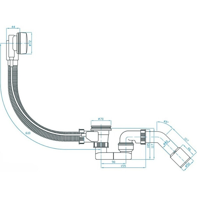 Сифон для ванни Devit DVSE141 (з переливом та поворотним механізмом), фото , изображение 2