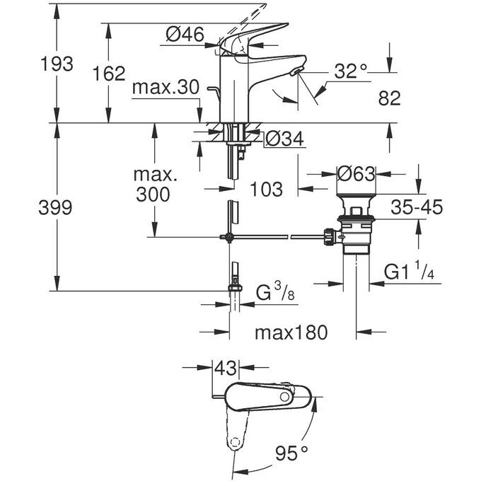 Змішувач для умивальника Grohe QuickFix Swift ColdStart S-Size Chrome 24322001 (хром, з донним клапаном), фото , изображение 5
