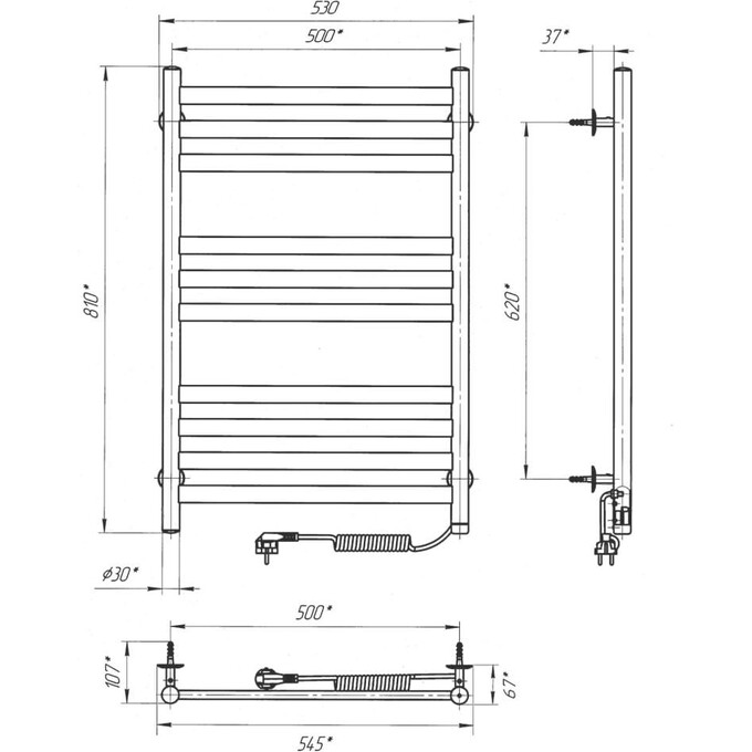 Электрический полотенцесушитель Laris Кватро П10 S3 73207885 (500x800, хром/белый/черный/золото/бронза, правый, сенсорный, с таймером), Доступные размеры: 500 x 800, Подключение полотенцесушителя: правое, фото 6