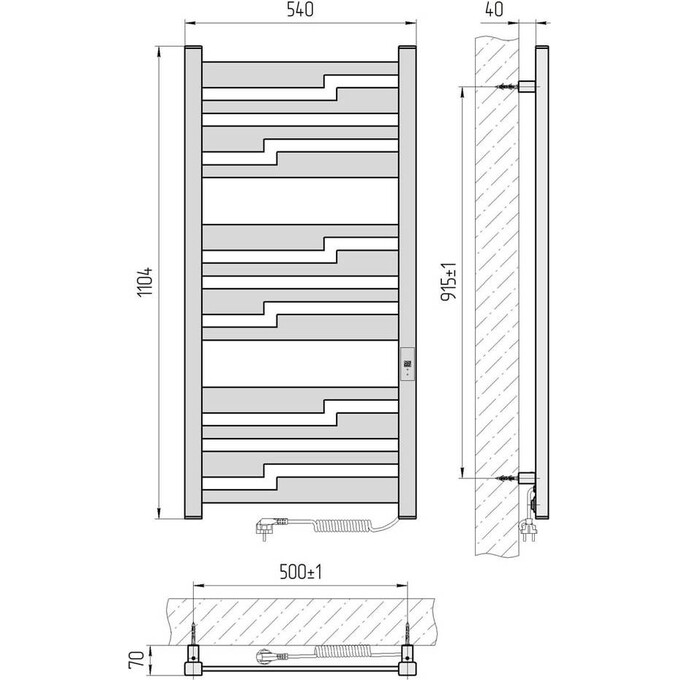 Электрический полотенцесушитель Laris Зебра Тетрис ЧФ(Ч)12 R2 73207856 (500x1100, черный матовый, левый, с таймером), Доступные размеры: 500 x 1100, Цвет производителя: черный матовый, Подключение полотенцесушителя: левое, фото 6