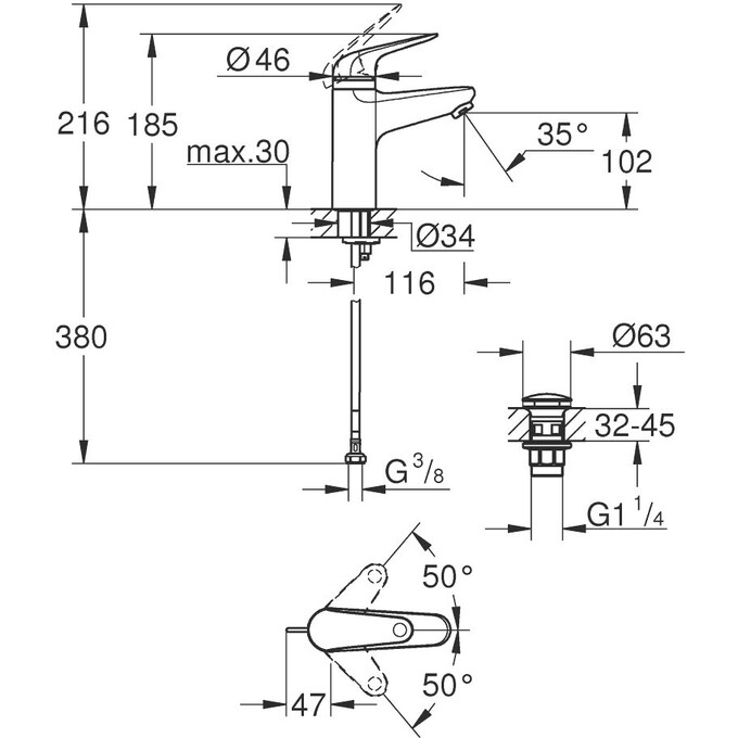 Змішувач для умивальника Grohe QuickFix Swift Child Lock M-Size Chrome 24327001 (хром, з донним клапаном), фото , изображение 5