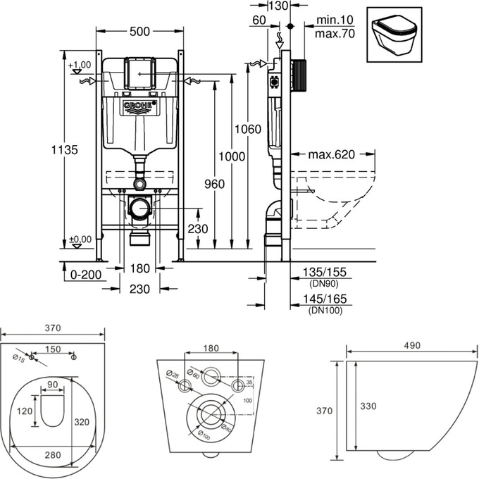 Комплект унитаз с инсталляцией 3 в 1: подвесной унитаз с сиденьем Volle Amadeus 2.0 Vortice 1313.001000 + инсталляция Grohe Rapid SL 388400WG + крепление к стене, фото 3