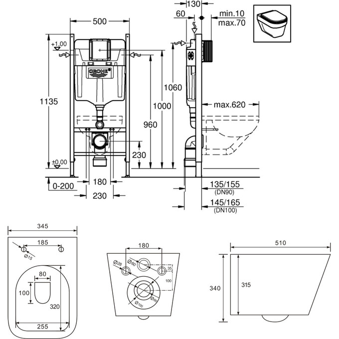 Комплект унитаз с инсталляцией 3 в 1: подвесной унитаз с сиденьем Volle Libra 2.0 Vortice 1321.001000 + инсталляция Grohe Rapid SL 388400WG + крепление к стене, фото 2
