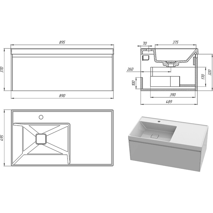 Тумба Snail Петрос з умивальником Snail Тукан 890KD1370A100 (90 см, біла глянсова, підвісна), фото , изображение 8