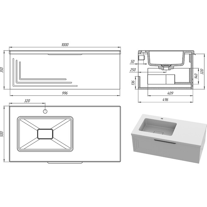 Тумба Snail Емілі з умивальником Snail Арія 1000KMF500LA100 (100 см, біла глянсова, ліва, підвісна), Доступні розміри: 100 x 50 L, фото , изображение 14
