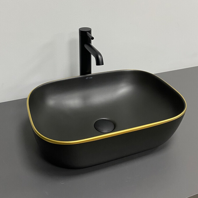 Раковина VBI Ravenna Black Matt Gold Edge VBI-011228 (46x33 см, черная матовая с золотым бортиком, чаша), Доступные размеры: 45 x 32, Цвет производителя: черный матовый, золотой бортик, фото 4
